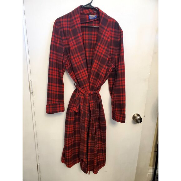 Pendleton Red & Black Plaid Wool Long Men's Robe With Belt & Pockets - Picture 1 of 6